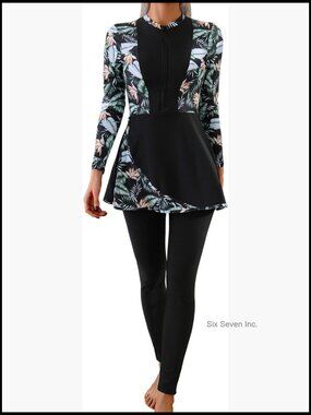 Modest Burkini Swimwear Long Sleeve Rash Guard with Pants Full Coverage Bathing